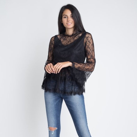 Women's Semi Lace Zipper Back Flare Sleeve Blouse - Picture 1 of 7